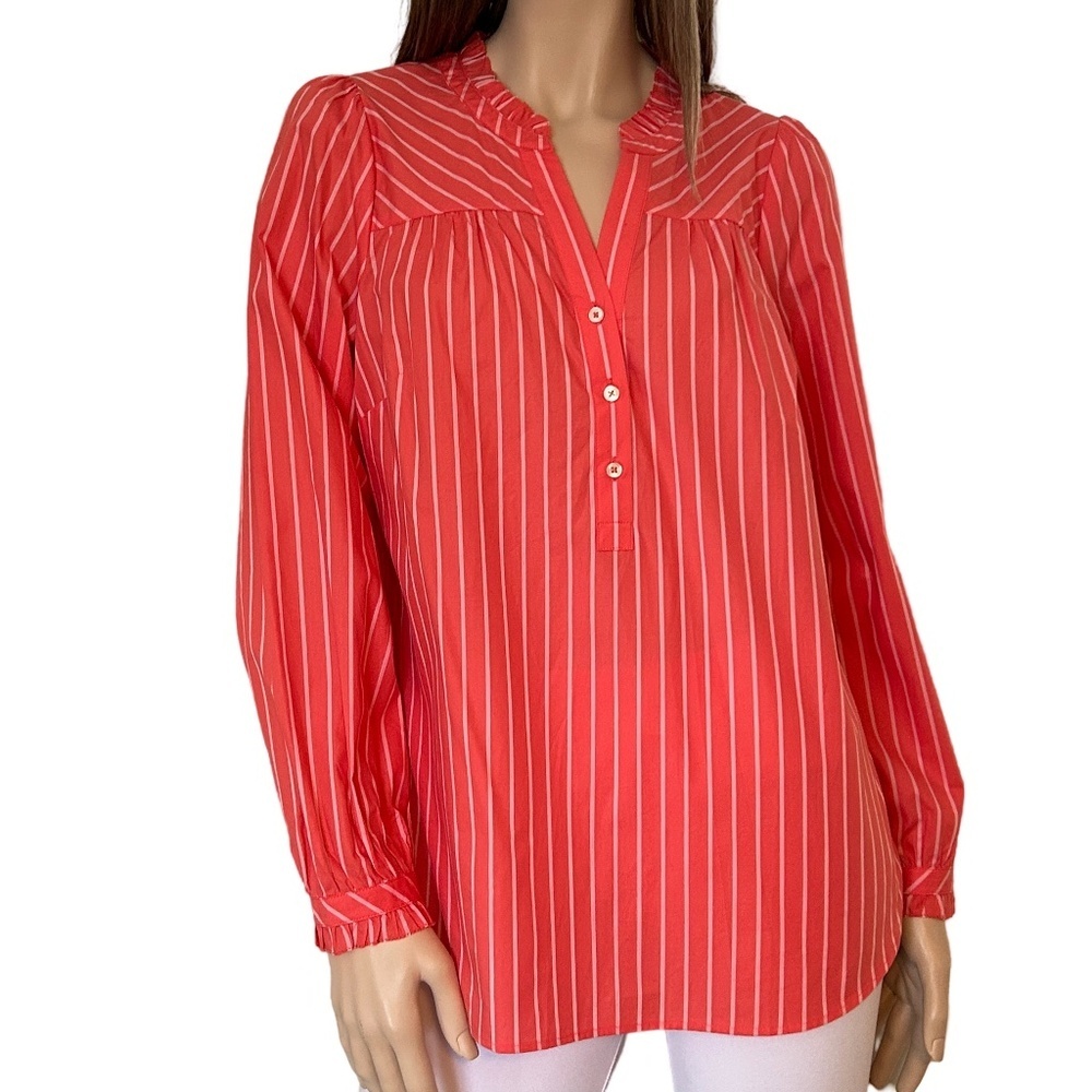 Talbots Blouse Top Long Sleeve Ruffled Neckline V-Neck 100% Cotton Button Front